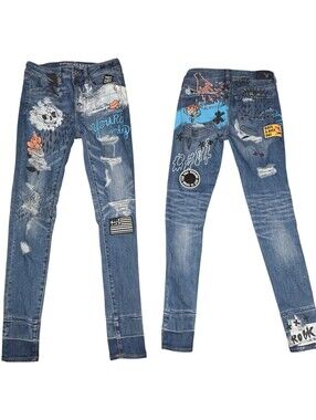 American Eagle Punk Graffiti Distressed Skinny Jeans Streetwear Art Size 2